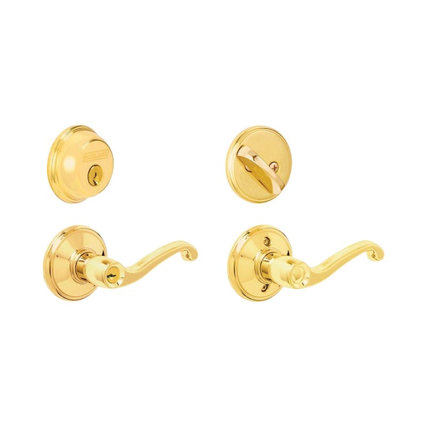 Schlage Schlage Flair Bright Brass Deadbolt and Entry Door Knob 1-3/4 in. FB50NVFLA505 - main